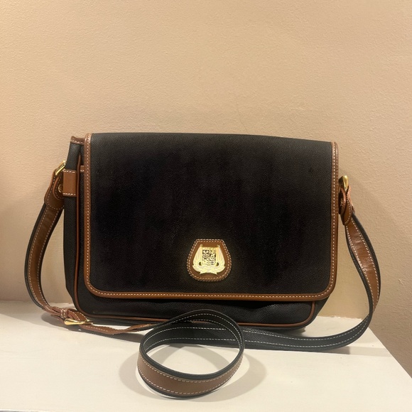 Vintage Lancel Paris Black Leather Messenger Crossbody Bag with Brown Trim & Gol - Picture 1 of 8